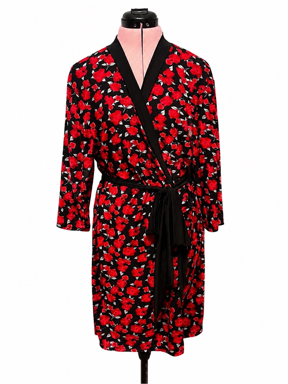 Marilyn Monroe Black Floral Wrap Robe with Red Blooms